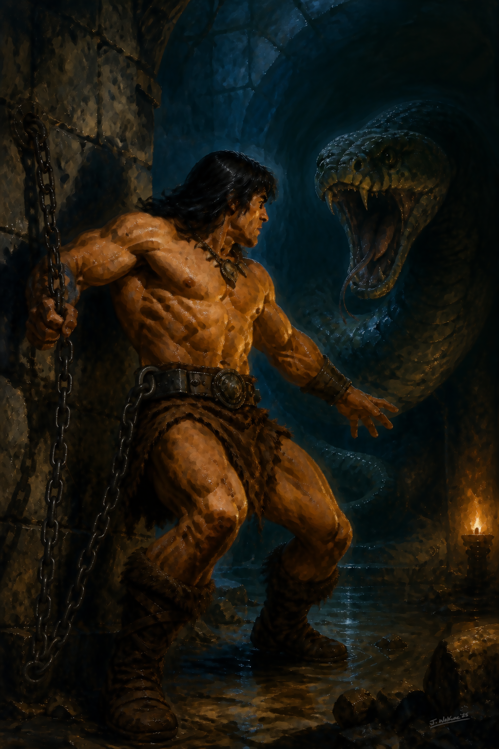 Conan chained in the dungeon beneath the scarlet citadel, facing the serpent