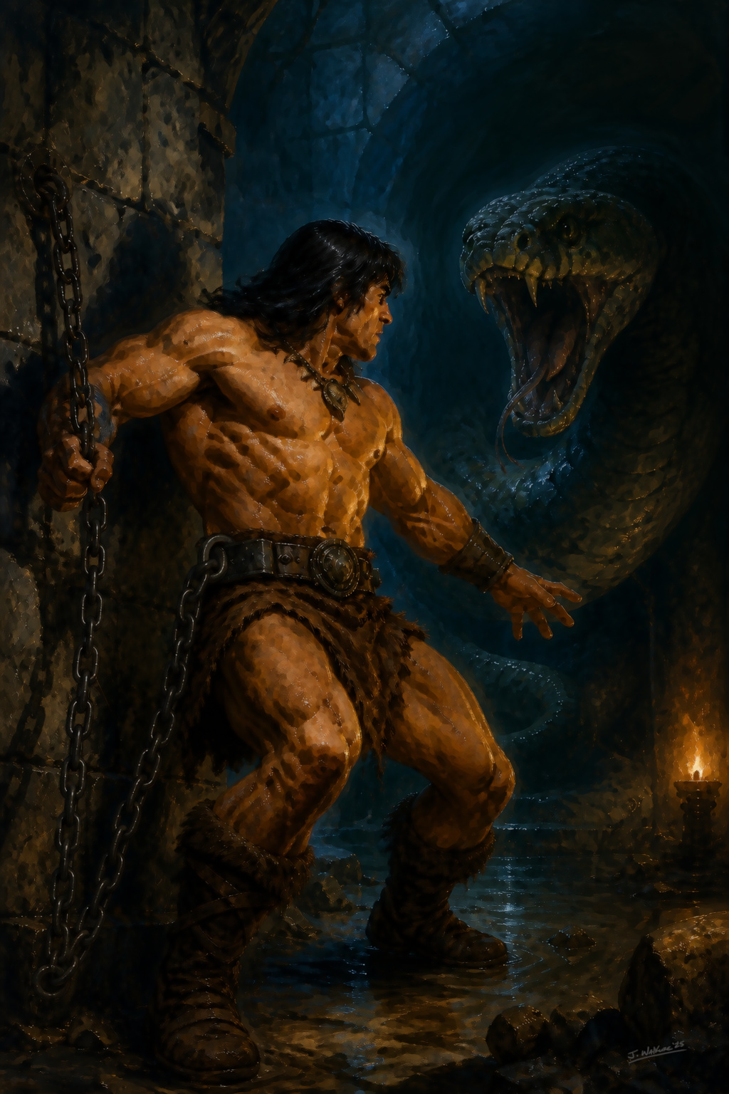 Conan chained in the dungeon beneath the scarlet citadel, facing the serpent
