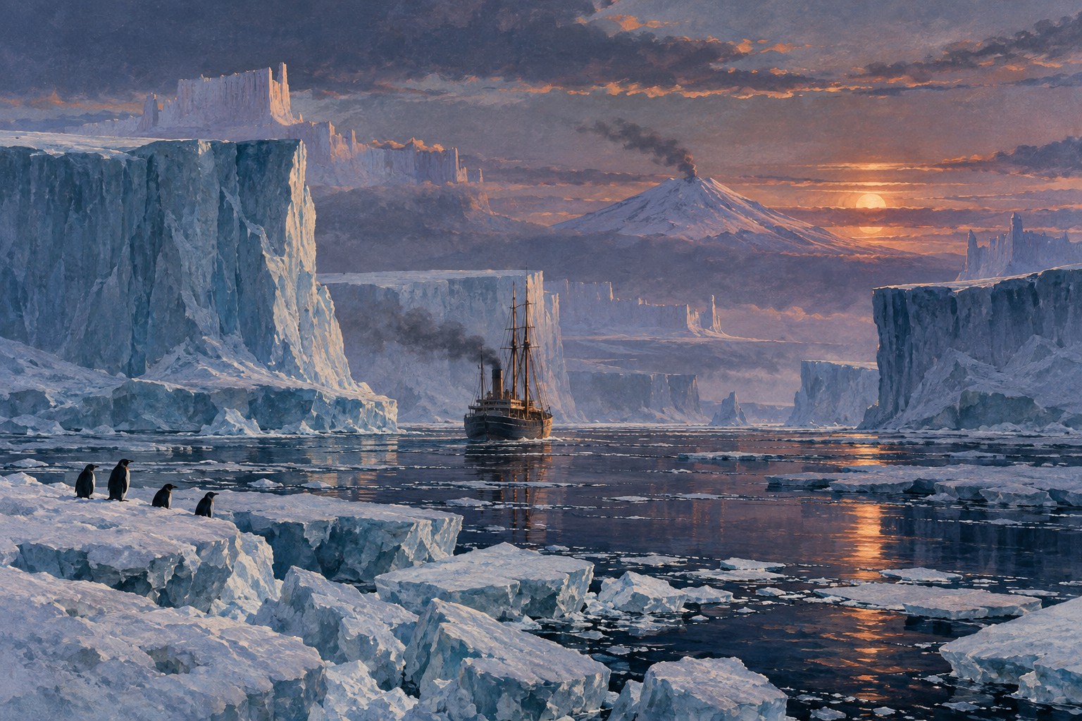 A small wooden expedition ship enters dark Antarctic water between blue ice cliffs beneath a copper midnight sun.