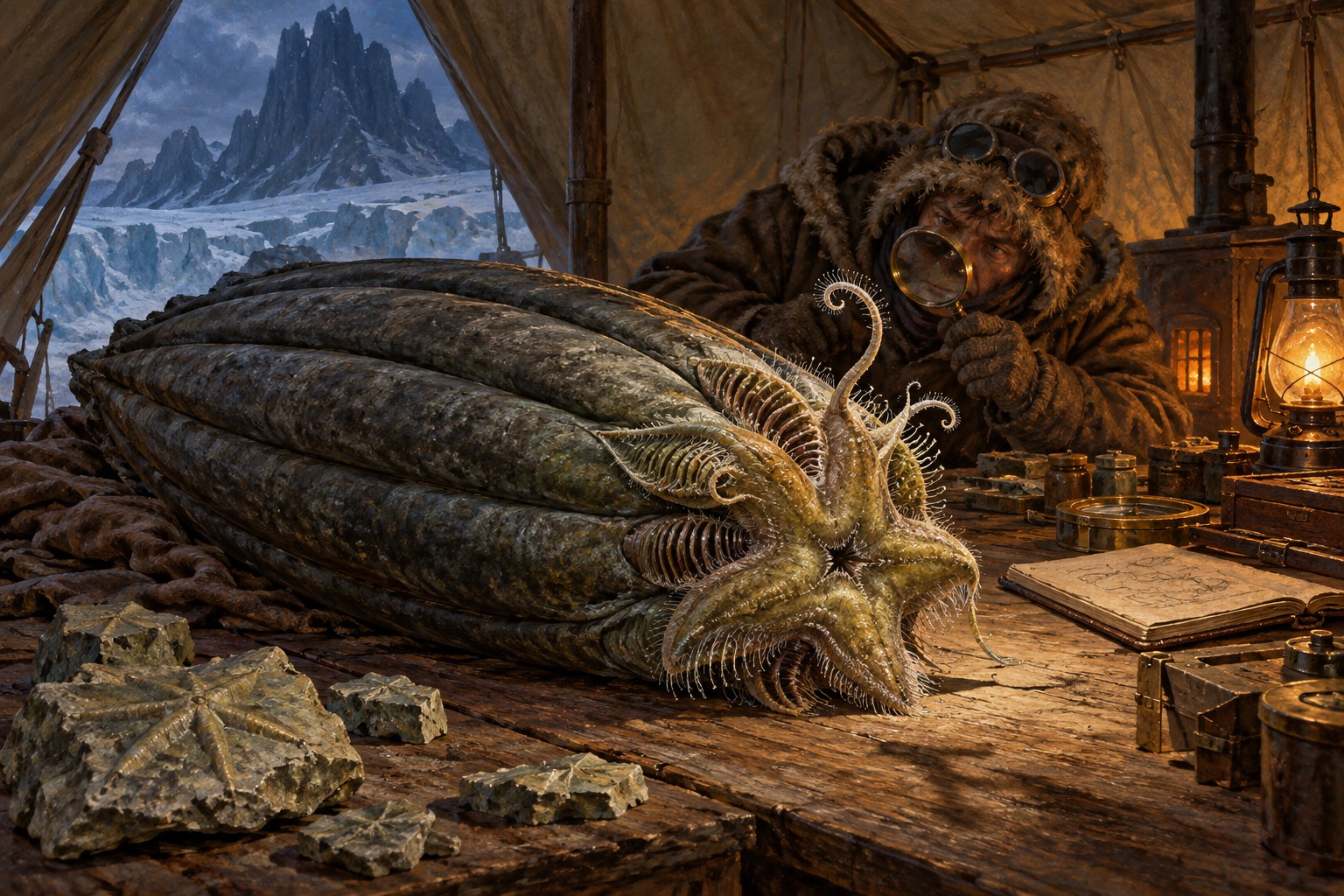 A scientist studies a leathery star-headed specimen in an amber-lit canvas tent while icy mountains loom outside.
