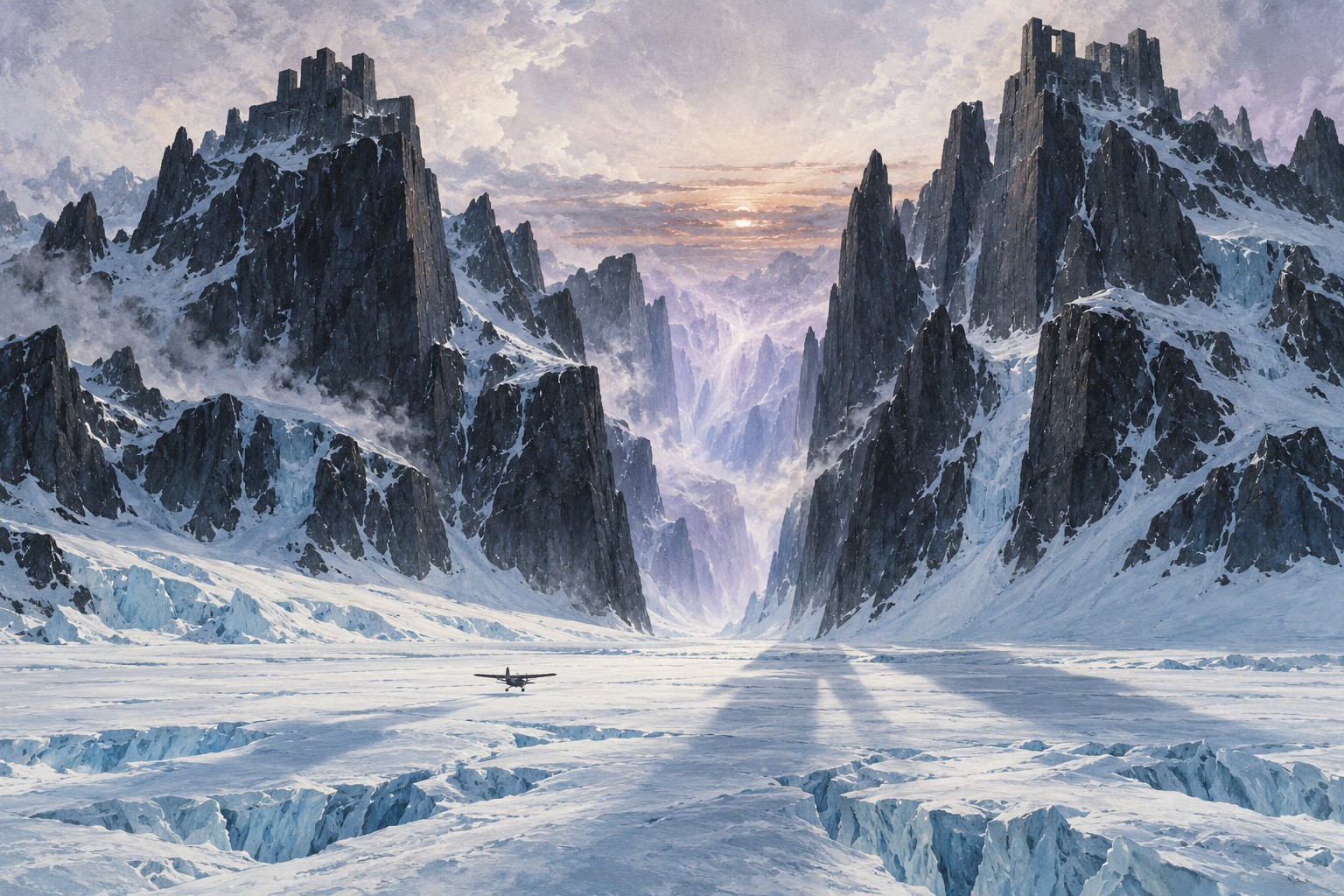 A tiny polar aircraft approaches a jagged black mountain pass beneath pale violet and copper Antarctic light.