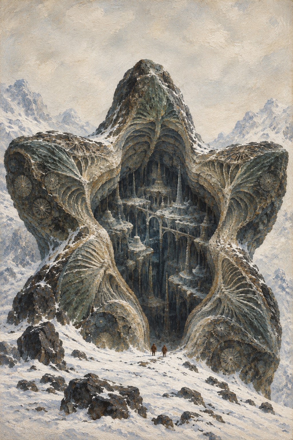 A green-black five-lobed fossil form holds an ancient city in concentric stone layers on an ivory field.