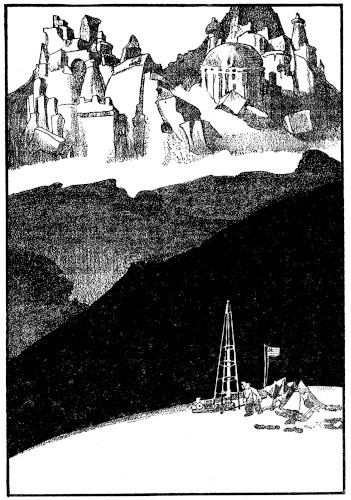 Black-and-white drawing: a camp with a drilling derrick and tents below a dark slope, with stone towers on the peaks above.