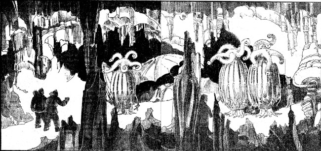 Black-and-white drawing: two figures in heavy coats in a cavern, facing striped barrel-shaped creatures with starfish-like heads.