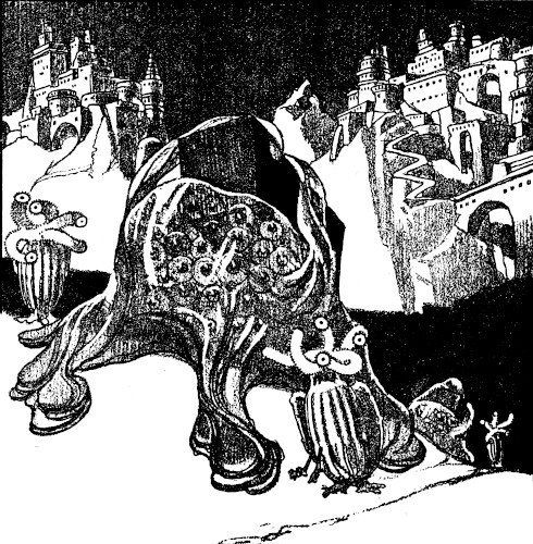 Black-and-white drawing: a large many-eyed creature and small striped creatures with starfish-like heads in front of a city of stone towers.