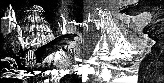 Black-and-white drawing: a winged striped creature beside a domed tower, and a mountain of stone towers above clouds.