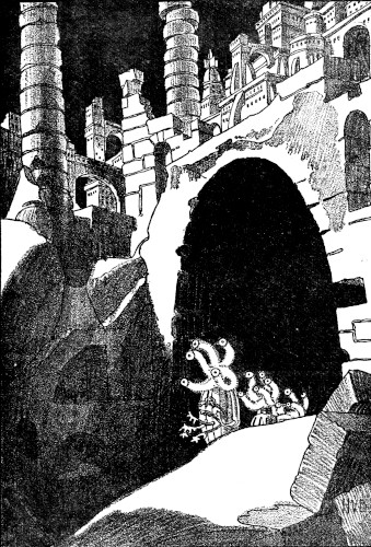 Black-and-white drawing: small starfish-headed creatures crouched beneath a huge arch in a wall of stone towers.