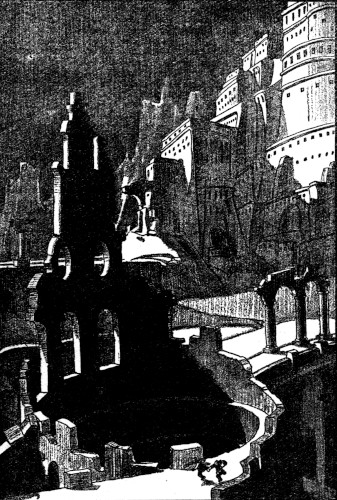 Black-and-white drawing: ruined stone towers around a sunken round pit, with tiny figures at lower right.