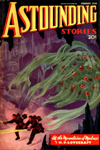 Cover of Astounding Stories, February 1936: two men run from a large green creature with many red eyes.