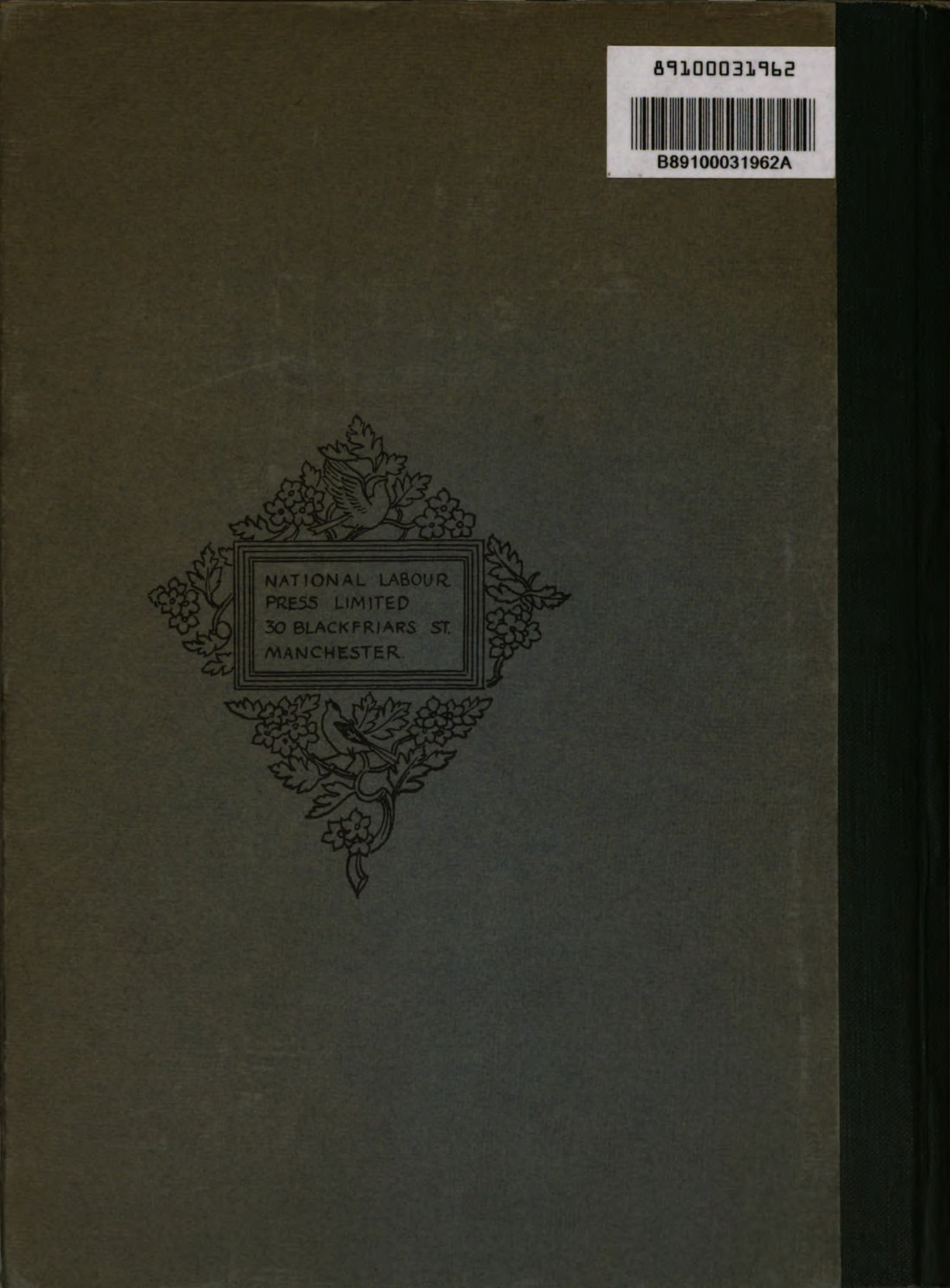 Back cover of the cloth binding, blind-stamped with the printer's device -- a diamond-shaped ornament of flowers and foliage with a bird perched at the top and another at the bottom, framing a rectangular text panel