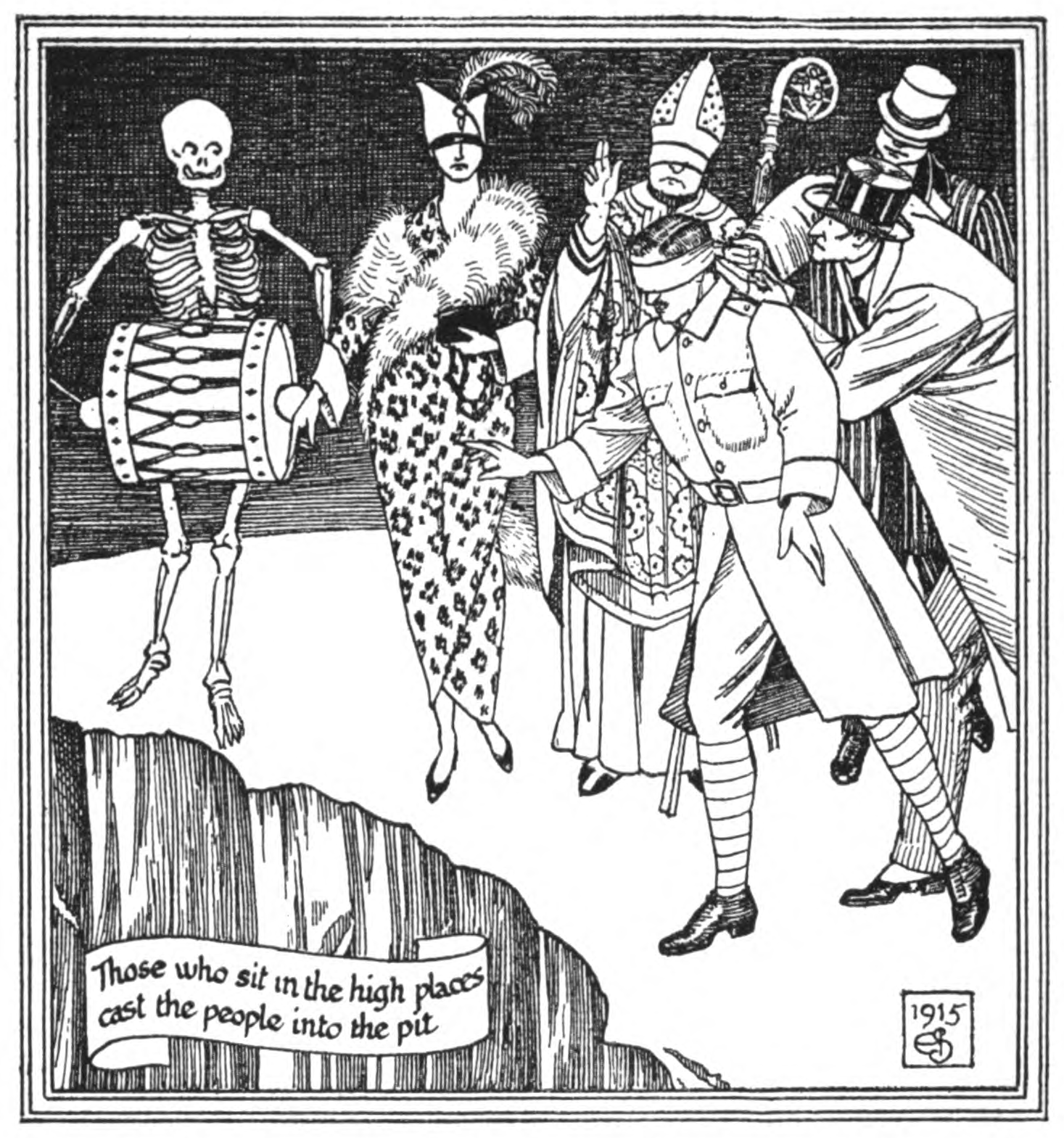 A grinning skeleton beats a drum at the left; beside it walk a fur-coated, blindfolded woman in a plumed headdress and a bishop in a spotted mitre with a crozier, raising his hand in blessing; behind them a top-hatted man pushes a blindfolded soldier from behind toward the edge of a cliff overhanging a pit