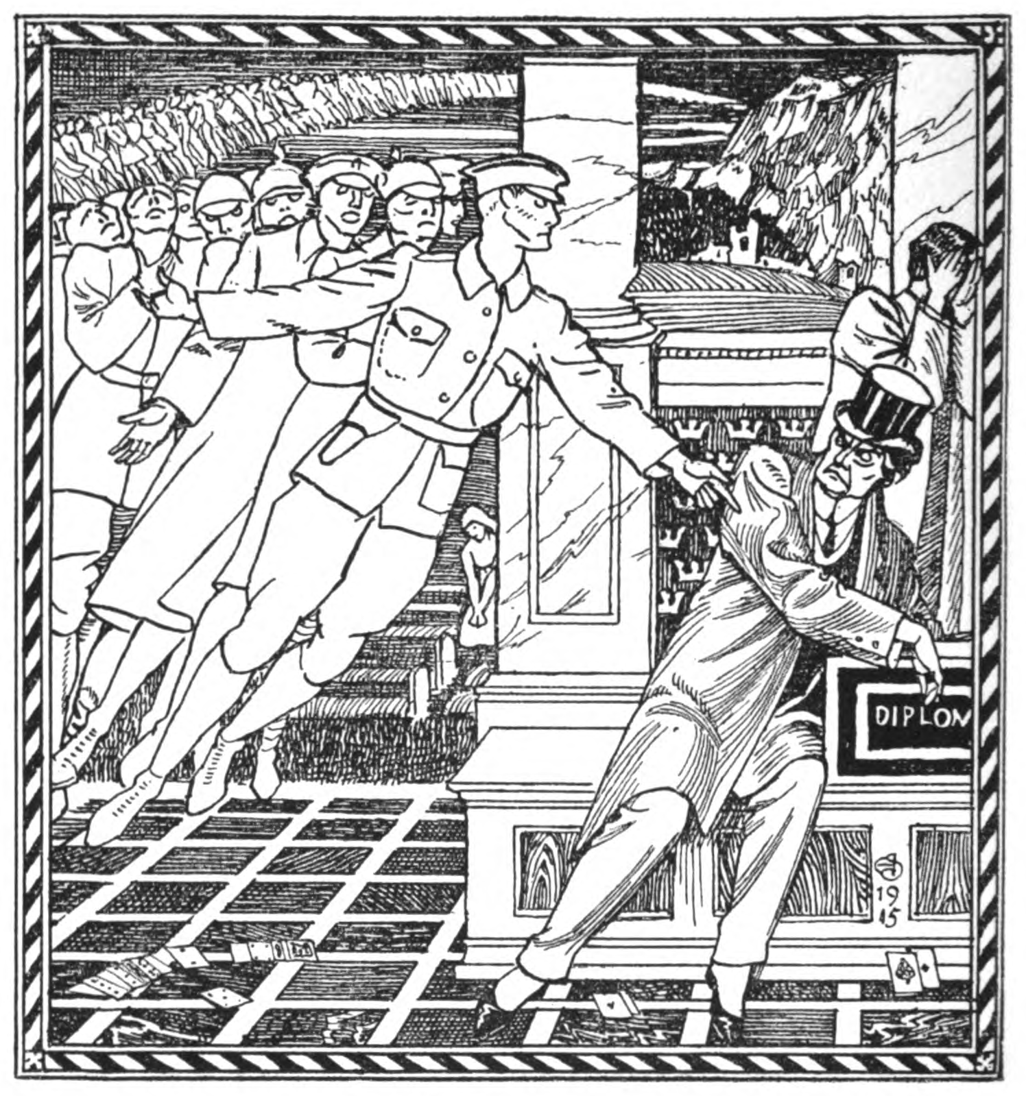 A file of blindfolded soldiers, arms linked on one another's shoulders, is marched between columns past a coffin draped on a bier, with a vast crowd of onlookers filling the background and hills and a town visible through an opening beyond; in the foreground a kneeling man in evening dress reaches up toward a framed sign reading "DIPLOM[?]" on the wall while a top-hatted man beside him covers his face; playing cards lie scattered across the checkered floor