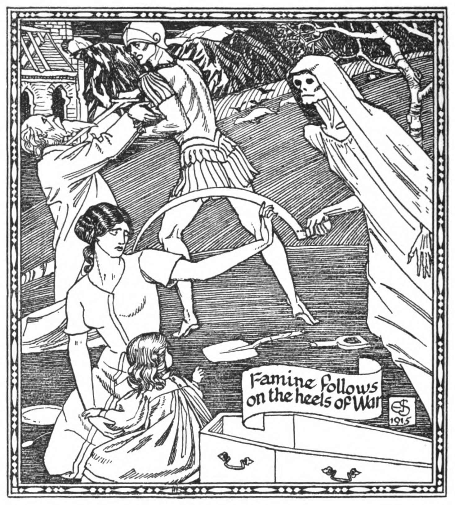 A skull-faced, shrouded figure of Death holds out an immense scythe, which a soldier-like figure grips and swings toward a kneeling mother who shields a child beside an open coffin; a bearded man collapses in grief at left before a half-ruined, scaffolded building