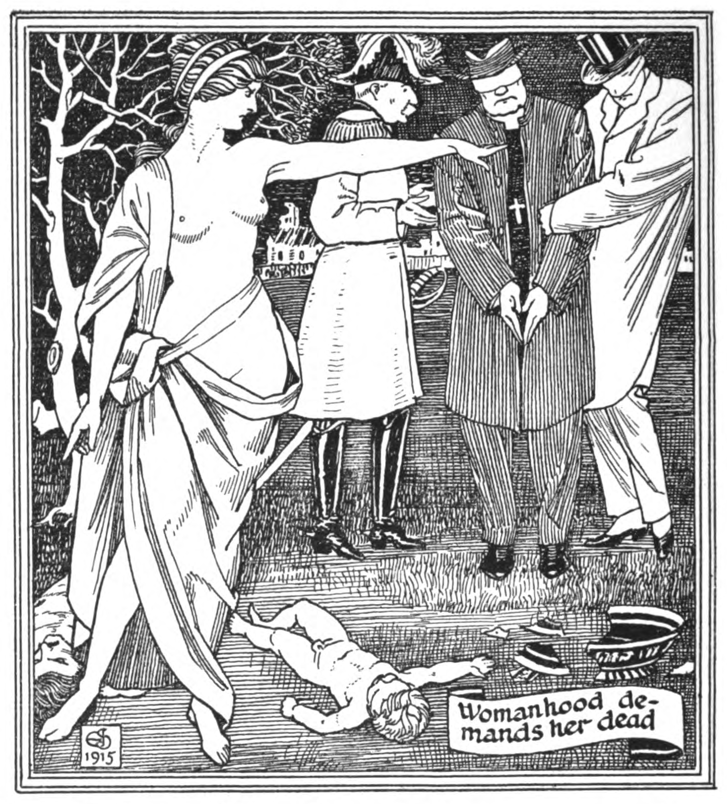 A bare-breasted woman with wind-blown hair strides forward, pointing accusingly at three men before her -- a soldier in a plumed bicorne hat, a bishop wearing a cross, and a top-hatted civilian -- with bare winter trees at left and a ruined town in the background; a dead child lies on the ground at her feet, near a fallen cap and a shallow bowl