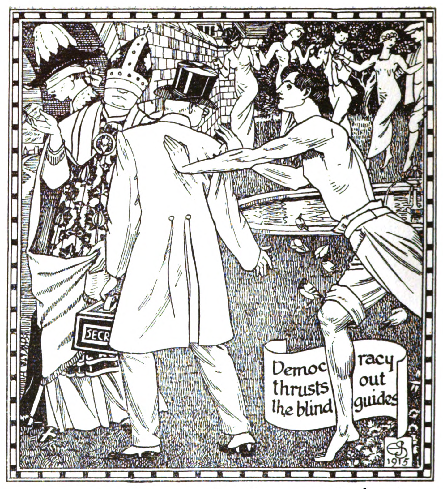 Two blindfolded men -- one in an ornate plumed hat, the other in a jewelled crown-like mitre and carrying a case marked "SECR[ET]" -- stand together by a brick wall while a top-hatted man reaches forward to a bare-chested young man leaning over a low wall toward a group of young women dancing and fleeing beside a pool