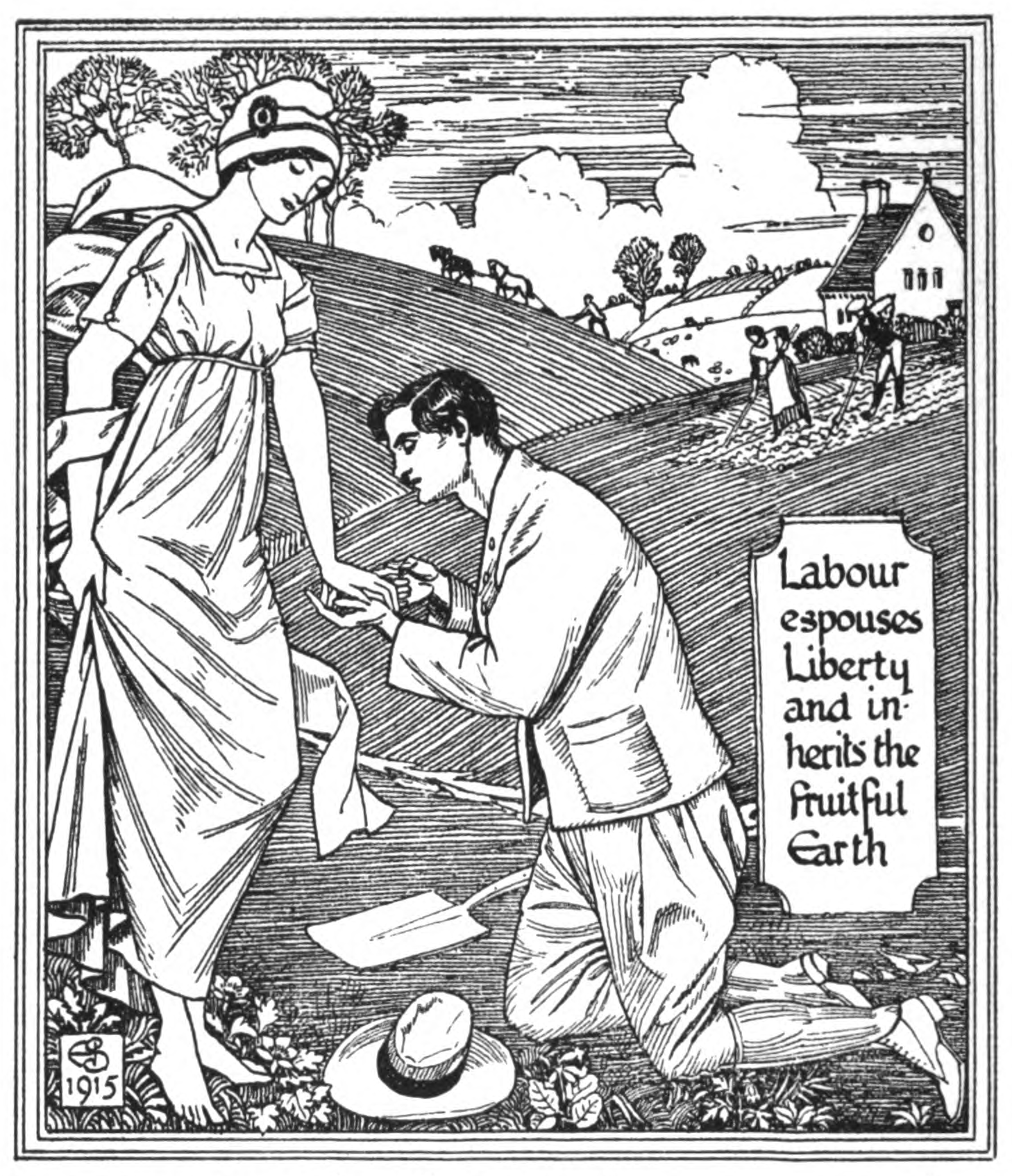 A woman in a jewelled headband stands in a field while a kneeling young man takes her hand, his hat and spade laid on the ground; in the background farm labourers work the land with horses near a farmhouse